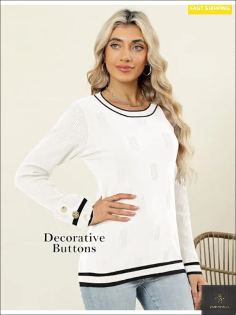 Long Sleeve Crew Neck Lightweight Knit Pullover with Decorative Buttons